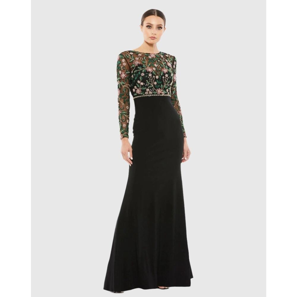 NWT Mac Duggal Size 14 Beaded Illusion High Neck Trumpet Gown 67870 Black Multi